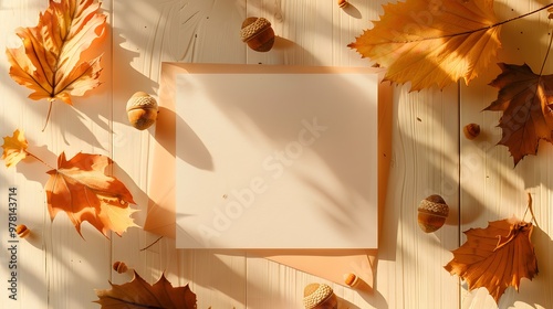 Cozy Greeting Card with Autumn Leaves and Acorns on Light Wooden Background