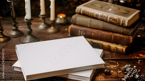Mystical Book Cover with Old Spell Books and Candles on Vintage Wood Background