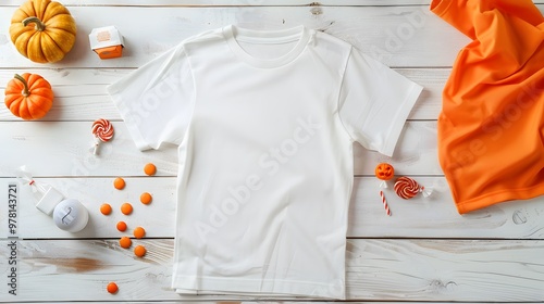 Light-Hearted T-Shirt with Pumpkins and Candy Wrappers on Light Wooden Surface