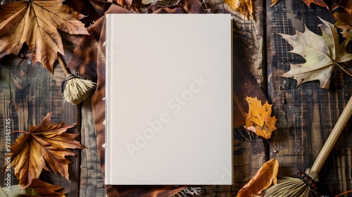 Whimsical Notebook Cover with Autumn Leaves and Witch's Broom on Rustic Wooden Table