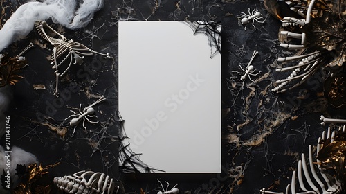 Elegant Menu with Mini Skeletons and Cobwebs on Dark Granite Background