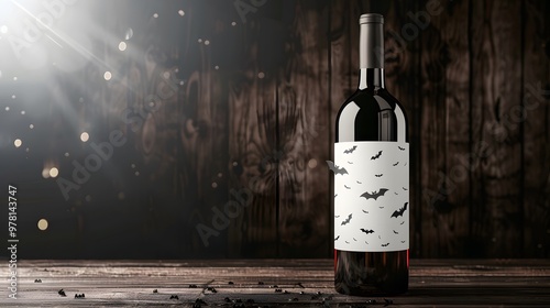 Spooky Wine Label with Bats and Spiderwebs on Dark Wooden Bar Background