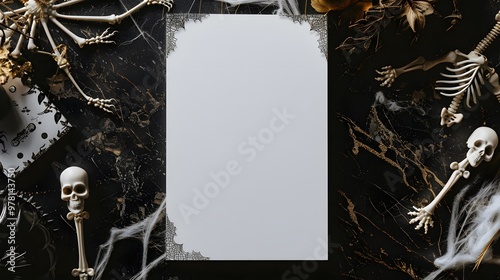 Elegant Menu with Mini Skeletons and Cobwebs on Dark Granite Background