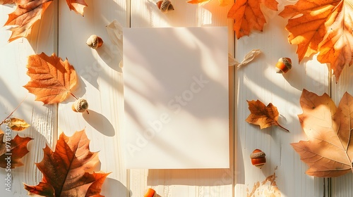 Cozy Greeting Card with Autumn Leaves and Acorns on Light Wooden Background