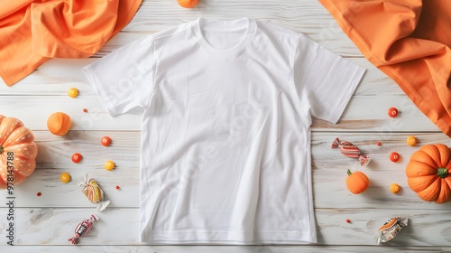 Light-Hearted T-Shirt with Pumpkins and Candy Wrappers on Light Wooden Surface