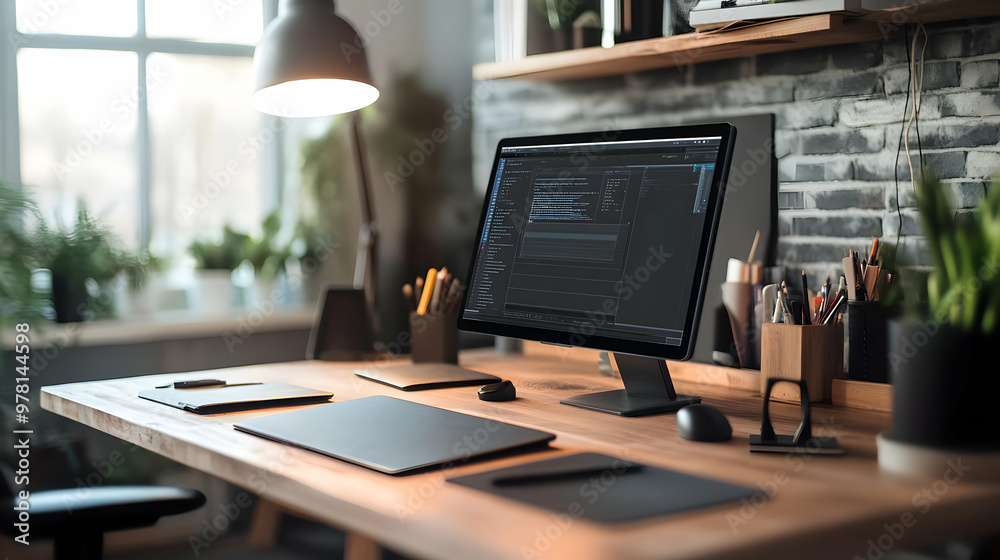 Computer Screen on Desk with Plants and a Lamp - Realistic Photo Computer Screen on Desk with Plants and a Lamp - Realistic Photo