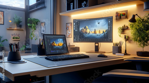 Modern Home Office Desk Setup with Desktop and Tablet Illustration