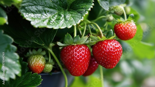 Lush green strawberry bush with ripe red strawberries and vibrant leaves, isolated on white background, showcasing natural growth.