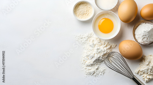 Flat lay composition with various ingredients for baking or cooking on minimals white background with eggs, flour and milk. Copy space for adding text or elements of designing