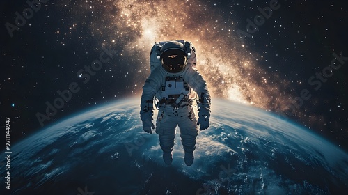 Astronaut floating over Earth, surrounded by the vast expanse of space, Milky Way shimmering brightly behind, a cosmic perspective of solitude and beauty photo