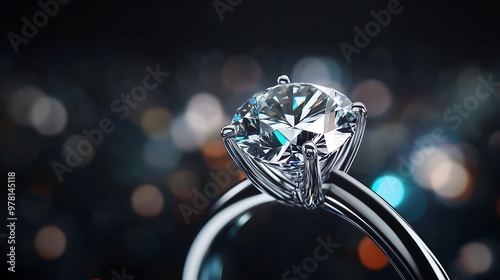 Stunning diamond ring sparkling against dark background with bokeh lights photo