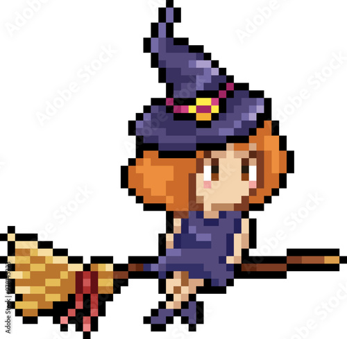 Halloween Little Witch on Broomstick Pixel 8bit Illustration.