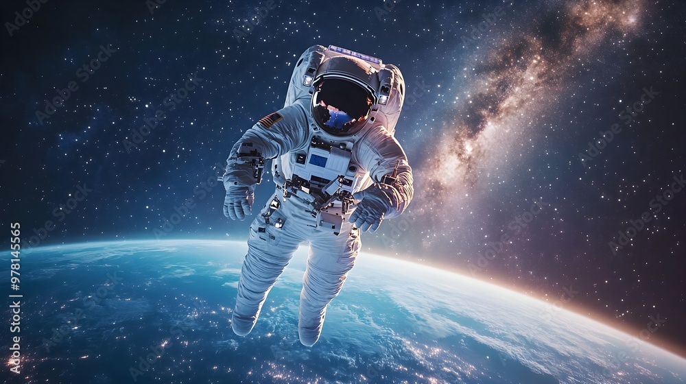 custom made wallpaper toronto digitalAn astronaut gracefully floating in zero gravity above the blue and green Earth, the Milky Way arching across the star-filled sky in the background, soft cosmic light