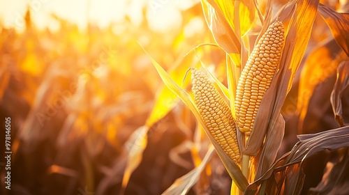 Sunlit cornfield with ripe golden corn cobs during harvest season photo