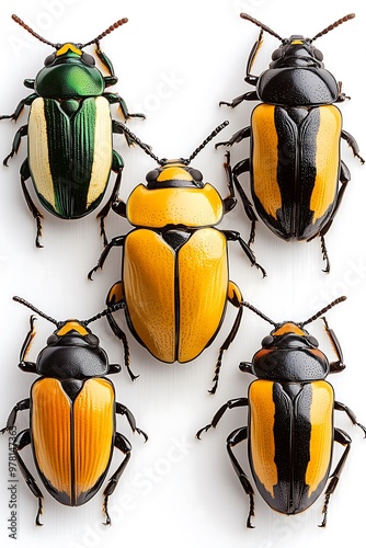 Collection of yellow and green beetles displayed in neat rows photo