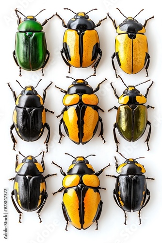 Collection of yellow and green beetles displayed in neat rows photo