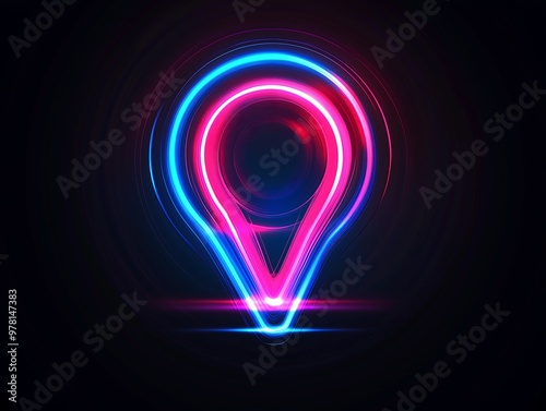 Neon glowing location pin symbol in vibrant pink and blue lights photo