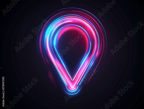 Neon glowing location pin symbol in vibrant pink and blue lights photo