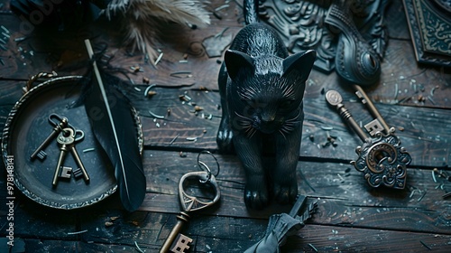 Black cat figurine with raven feathers and vintage keys under moonlight