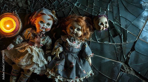 Creepy dolls with broken mirror shards and candlelight on cracked tiles