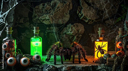 Halloween tarantula, eyeball candy, and glowing potion bottles with dark stone background photo