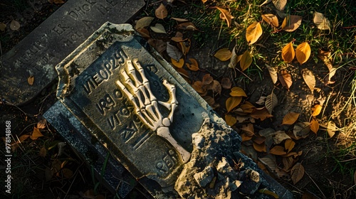 Gravestone with skeletal hand and fallen leaves in twilight overgrown setting