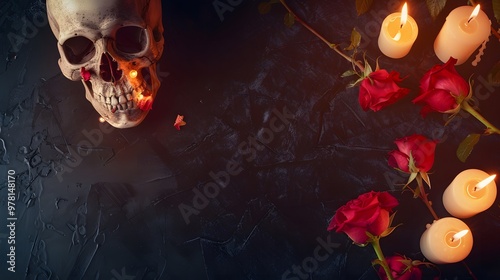 Skull and wilted roses with candles on black velvet in gothic style