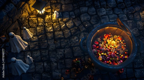Candy-filled cauldron with ghost figurines on cobblestone background at twilight