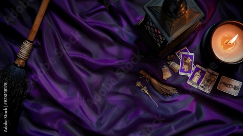 Witch broom, black candle, and tarot cards with purple cloth background