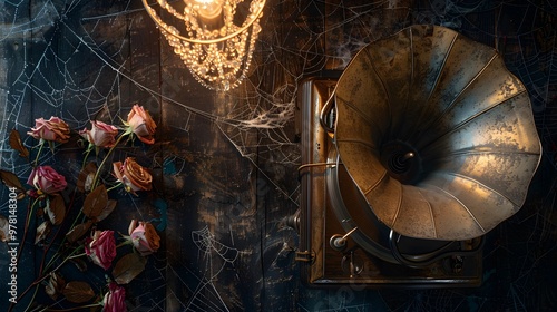 Vintage gramophone with dried roses and cobwebs under chandelier light