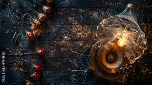 Vintage gramophone with dried roses and cobwebs under chandelier light