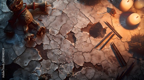 Voodoo doll with rusty nails and candle stubs on cracked floor