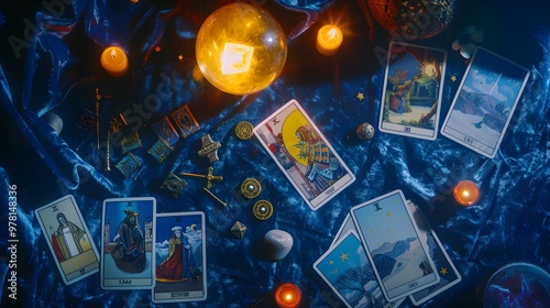 Crystal ball and tarot cards with glowing runes on velvet background