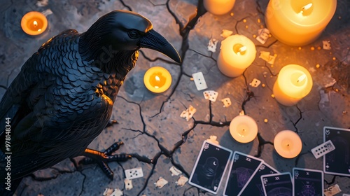 Black raven figurine, spell candles, and tarot cards under moonlight