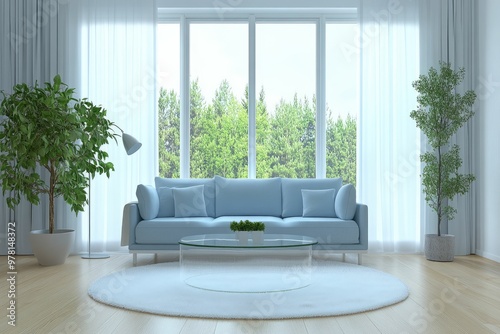 Modern living room with a serene view and greenery.