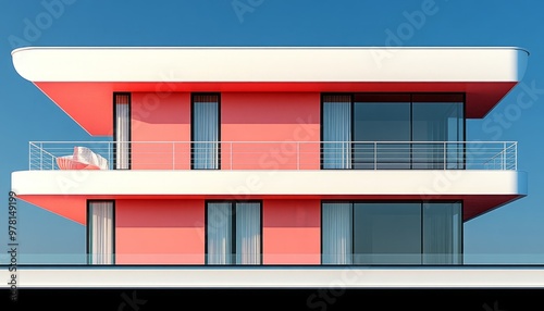 Minimalist Modern House with Pink Facade and White Balconies