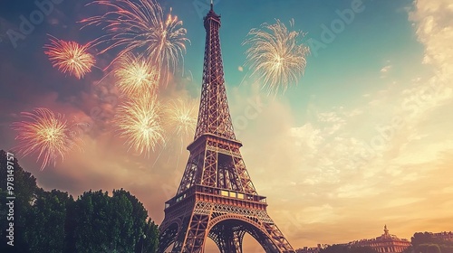  Spectacular Bastille Day Fireworks Display Illuminating the Eiffel Tower in Paris. photo