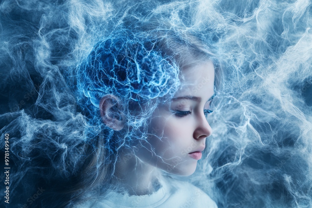 Young woman with blue neural energy surrounding her head symbolizing intellect imagination and the boundless potential of the human mind in a digital realm Young woman with blue neural energy surrounding her head symbolizing intellect imagination and the boundless potential of the human mind in a digital realm