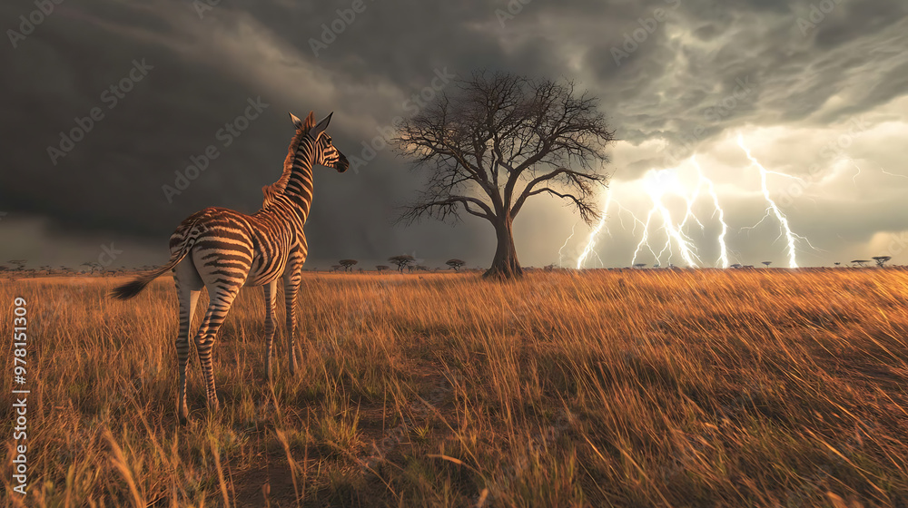 Fototapeta premium Zebra in the Storm's Embrace: A lone zebra stands defiant against a backdrop of dramatic lightning strikes illuminating the African savanna. 