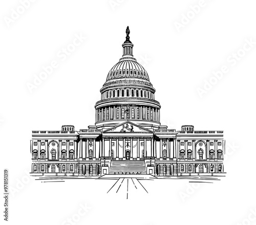 capitol building engraving black and white outline, good quality