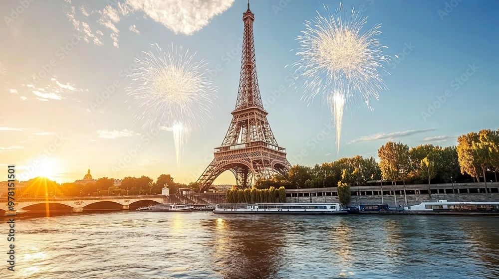 Obraz premium Spectacular Bastille Day Fireworks Display Illuminating the Eiffel Tower in Paris.