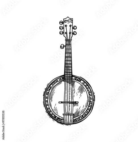 banjo engraving black and white outline, good quality