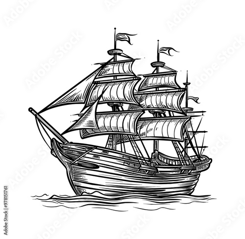 pirate wood ship engraving black and white outline, good quality