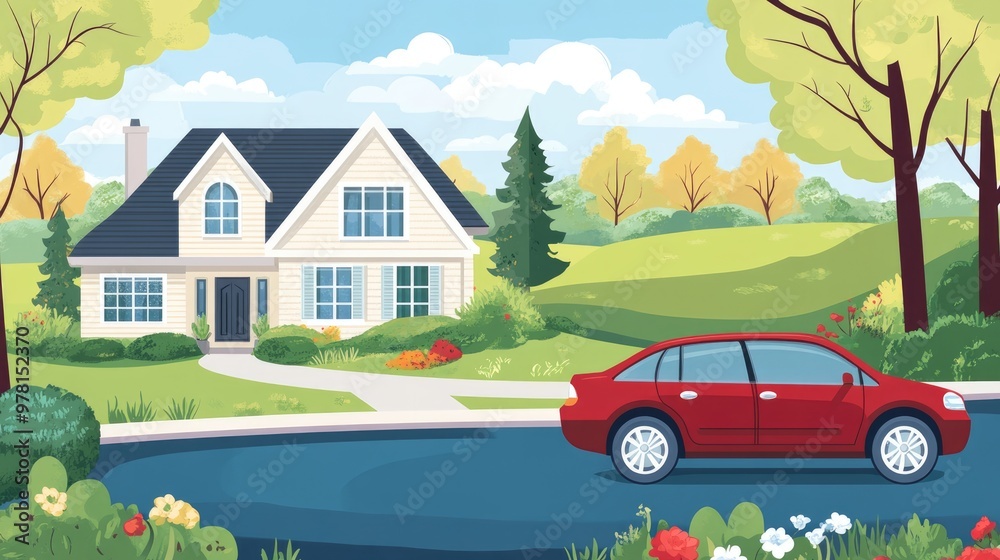 Illustration featuring a residential home an automobile and trees in the surrounding landscape Illustration featuring a residential home an automobile and trees in the surrounding landscape