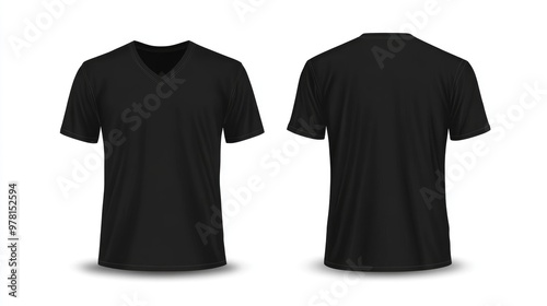 Black v neck t shirt template for men showcasing front and back views Illustration of a male figure wearing the shirt placed on a white background