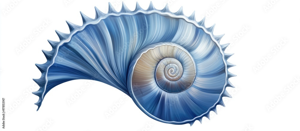 Blue marine shell with a round spiral shape featuring conical spikes and a fan like structure resting on a white background Blue marine shell with a round spiral shape featuring conical spikes and a fan like structure resting on a white background