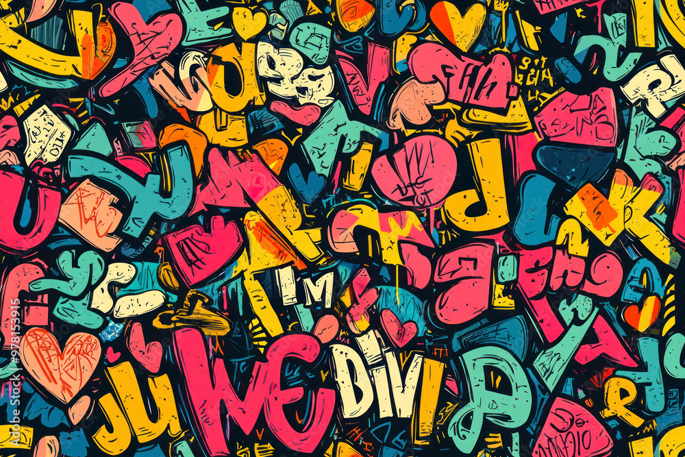 Obraz premium Abstract seamless pattern with graffiti words stickers on retro style. Cool colorful background.