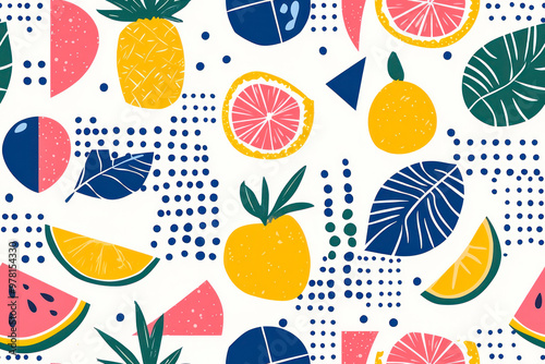 Cute colorful geometric summer holidays elements grid styled pattern background.