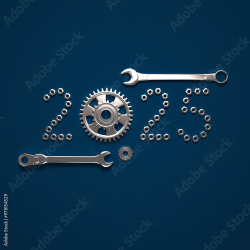 Creative 2025 New Year design template with nut bolts and wrenches. 3D render illustration on a construction, engineering and maintenance theme.
