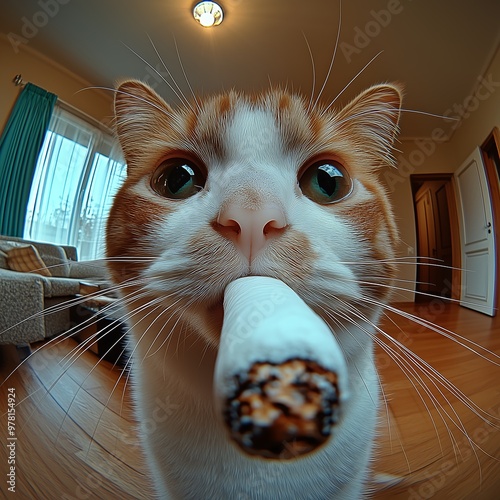 Curious Cat Holding Cigarette in Closeup Fisheye Perspective photo